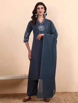 PINKSKY - Grey Embroidered Viscose Kurta with Pant & Dupatta