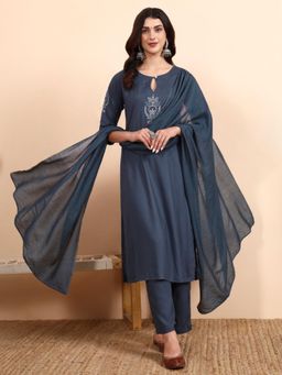 PINKSKY - Grey Embroidered Viscose Kurta with Pant & Dupatta