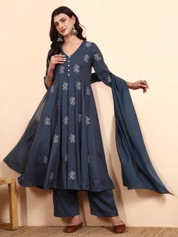 PINKSKY - Embroidered Viscose Anarkali Kurta with Pant & Dupatta