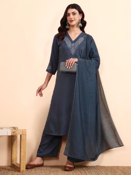 PINKSKY - Grey Embroidered Viscose Kurta with Palazzo & Dupatta