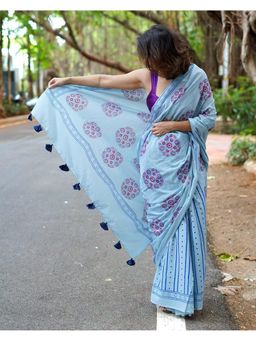 Chidiyaa - PBC Blueberry Sky Blue Handblock Print Cotton Saree with Blouse Piece