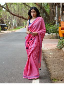 Chidiyaa - PBC Rose Rabdi Pink Handblock Print Cotton Saree with Blouse Piece