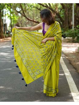 Chidiyaa - PBC Kaccha Lime Green Handblock Print Cotton Saree with Blouse Piece