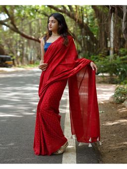 Chidiyaa - PBC Red Handblock Print Cotton Saree with Blouse Piece