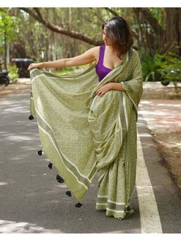 Chidiyaa - PBC Kesar Phirni Olive Handblock Print Cotton Saree with Blouse Piece