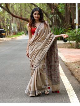Chidiyaa - PBC Coconut Chikki Beige Handblock Print Cotton Saree with Blouse Piece