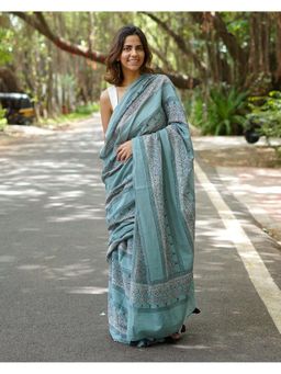 Chidiyaa - PBC Misri Mist Blue Handblock Print Cotton Saree with Blouse Piece