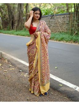 Chidiyaa - PBC Chikoo Shake Cream Handblock Print Cotton Saree with Blouse Piece