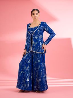 MILU MADAN - Royal Blue Georgette Thread Sequin Work Blouse with Jacket & Sharara