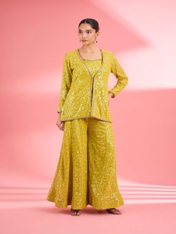 MILU MADAN - Lime Green Georgette Thread Sequin Work Blouse with Jacket & Sharara