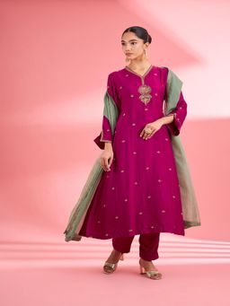 MILU MADAN - Fuchsia Katan Silk Hand Embroidered Anarkali Kurta with Pant & Dupatta