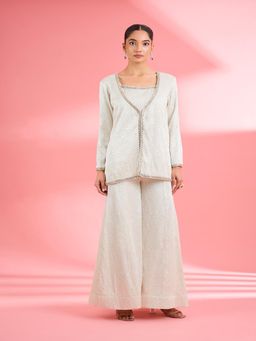 MILU MADAN - Off White Georgette Thread Sequin Work Blouse with Jacket & Sharara