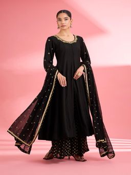 MILU MADAN - Black Katan Silk Hand Embroidery Anarkali Kurta & Sharara with Dupatta