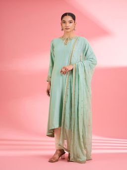 MILU MADAN - Sea Green Katan Silk Handwork Anarkali Kurta with Pant & Dupatta