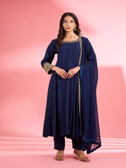 MILU MADAN - Navy Blue Katan Silk Hand Embroidered Anarkali Kurta with Pant & Dupatta