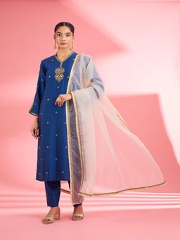MILU MADAN - Blue Katan Silk Hand Embroidered Kurta with Pant & Dupatta