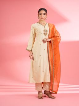 MILU MADAN - Beige Katan Silk Hand Embroidered Kurta with Pant & Dupatta