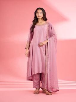MILU MADAN - Pink Katan Silk Hand Embroidered Anarkali Kurta with Pant & Dupatta