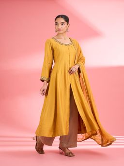 MILU MADAN - Mustard Katan Silk Anarkali Kurta with Pant & Dupatta