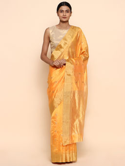 CHOWDHRAIN - Golden yellow Tulip Chanderi Pure Silk Saree with Unstitched Blouse Piece
