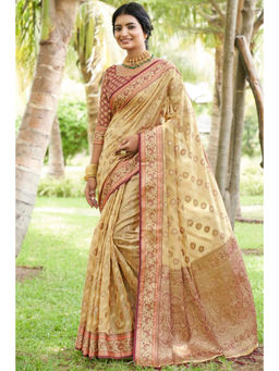 SGF11 - Beige Women Kanjivaram Organza Pure Soft Silk Saree with Unstitched Blouse