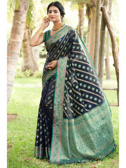 SGF11 - Dark Blue Women Kanjivaram Organza Pure Soft Silk Saree with Unstitched Blouse