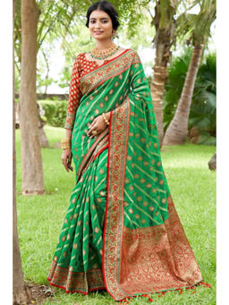 SGF11 - Green Women Kanjivaram Organza Pure Soft Silk Saree with Unstitched Blouse