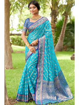 SGF11 - Light Blue Women Kanjivaram Organza Pure Soft Silk Saree with Unstitched Blouse