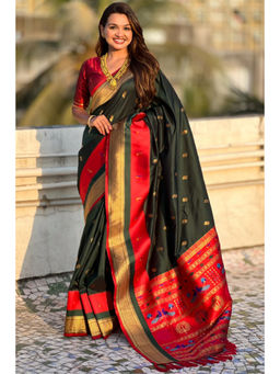 SGF11 - Dark Green Women Kanjivaram Pure Soft Silk Saree with Unstitched Blouse