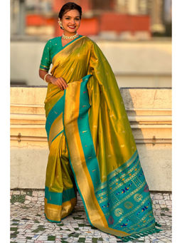 SGF11 - Mahendi Green Women Kanjivaram Pure Soft Silk Saree with Unstitched Blouse