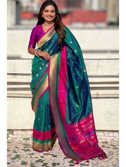 SGF11 - Rama Green Women Kanjivaram Pure Soft Silk Saree with Unstitched Blouse