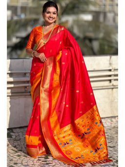 SGF11 - Red Women Kanjivaram Pure Soft Silk Saree with Unstitched Blouse