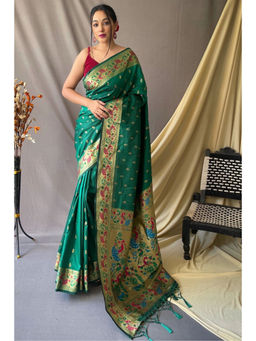 SGF11 - Dark Green Women Kanjivaram Pathani Pure Soft Silk Saree with Unstitched Blouse