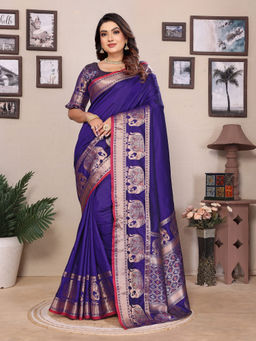 Elora - Royal Blue Solid Self Jacquard Weaving Banarasi Saree with Unstitched Blouse