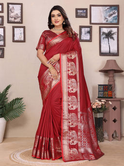 Elora - Red Solid Self Jacquard Weaving Banarasi Saree with Unstitched Blouse