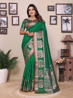 Elora - Green Solid Self Jacquard Weaving Banarasi Saree with Unstitched Blouse