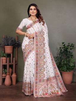 Elora - White Rajwadi Pashmina Weaving Kashmiri Thread Woven Saree with Unstitched Blouse