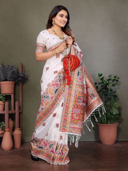 Elora - White Rajwadi Pashmina Weaving Kashmiri Thread Woven Saree with Unstitched Blouse