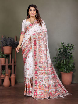 Elora - White Rajwadi Pashmina Weaving Kashmiri Thread Woven Saree with Unstitched Blouse
