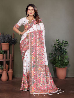 Elora - White Rajwadi Pashmina Weaving Kashmiri Thread Woven Saree with Unstitched Blouse