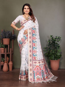 Elora - White Rajwadi Pashmina Weaving Kashmiri Thread Woven Saree with Unstitched Blouse