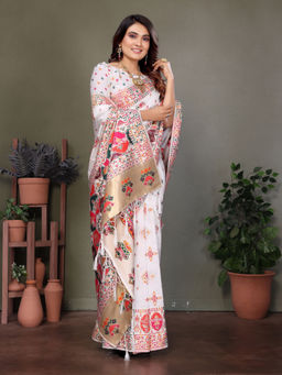 Elora - White Rajwadi Pashmina Weaving Kashmiri Thread Woven Saree with Unstitched Blouse