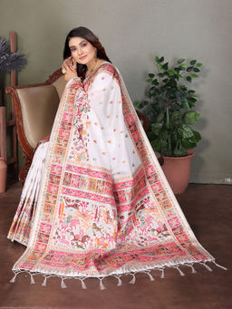 Elora - White Rajwadi Pashmina Weaving Kashmiri Thread Woven Saree with Unstitched Blouse