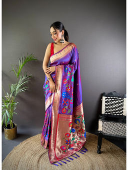 Elora - Purple Motifs Mina Zari Weaving Pathani Saree with Unstitched Blouse