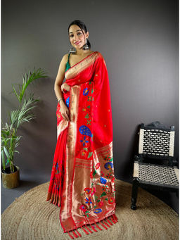 Elora - Red Motifs Mina Zari Weaving Pathani Saree with Unstitched Blouse