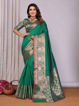 Elora - Green Banarasi with Peacock Zari Jacquard Weaving Border Saree with Unstitched Blouse