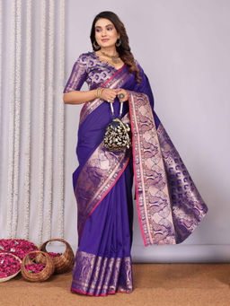 Elora - Purple Plain Banarasi Zari Jacquard Weaving Border Saree with Unstitched Blouse
