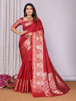 Elora - Red Banarasi with Peacock Zari Jacquard Weaving Border Saree with Unstitched Blouse