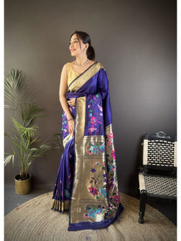 Elora - Royal Blue Silk Floral Zari Weaving Work Pathani Saree with Unstitched Blouse
