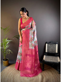 Elora - Off White Floral Motifs Zari Weaving Work Banarasi Saree with Unstitched Blouse